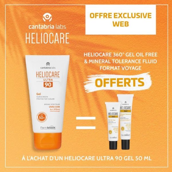 CANTABRIA OFFRE WEB HELIOCARE ULTRA GEL 90 SPF+ 50 ML + 360 GEL OIL FREE+ MINERALE TOLERANCE FLUIDE FORMAT VOYAGE OFFERTS