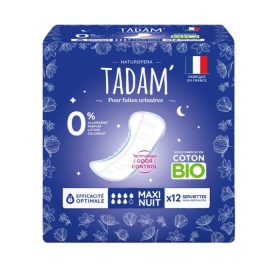 TADAM 12 SERVIETTES MAXI NUIT COTON BIO FUITES URINAIRES